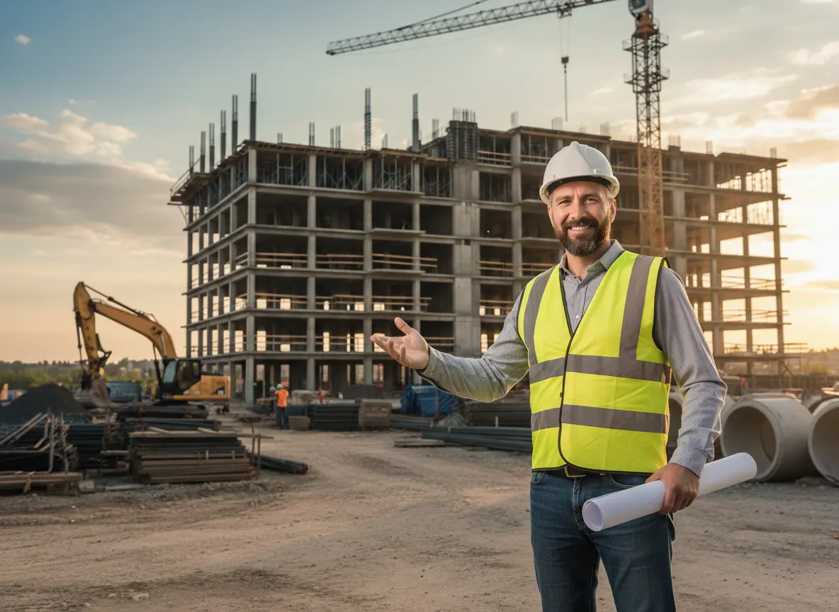 Inspektor nadzoru technicznego dokonujący precyzyjnych pomiarów na budowie